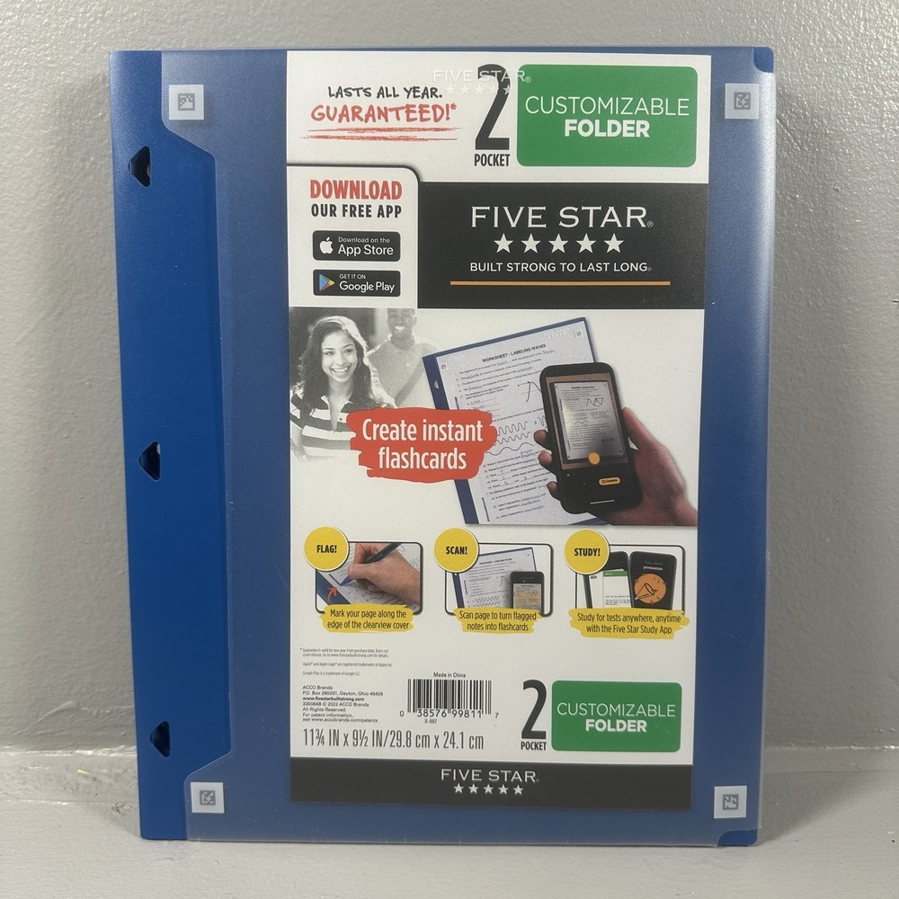 Mead Five Star Blue Plastic Customizable 2 Pocket Folder Create Flashcards Lot 3